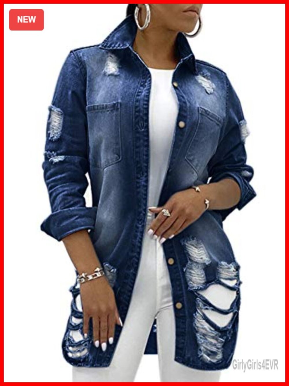 Womens Long Denim Jacket Classic Trucker Ripped Jean Coat Oversized